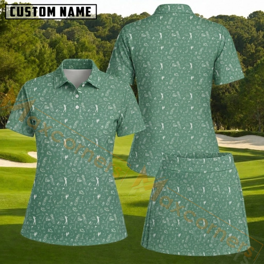 Maxcorners Sage Green Golf Equipment Doodle Pattern 3D Golf Shirt and Skirt