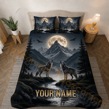 Maxcorners Moonlit Howling Wolves Mountain Bedding Set 3D Print Custom Name