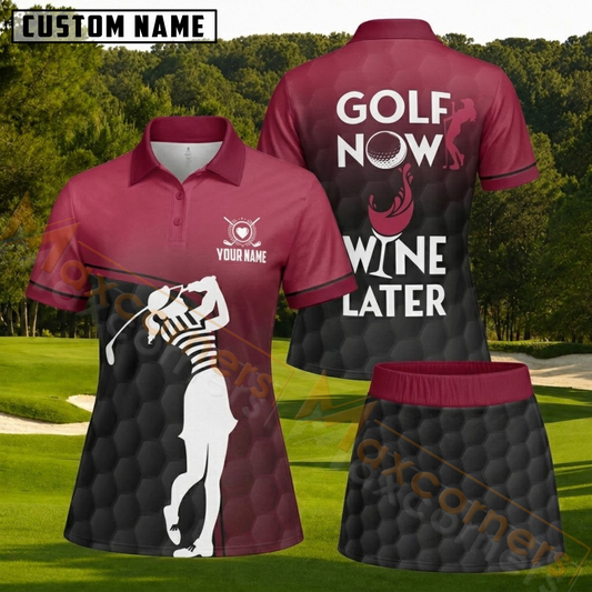 Maxcorners Burgundy and Black Golf Now Wine Later Female Golfer Personalized Name 3D Golf Shirt and Skirt