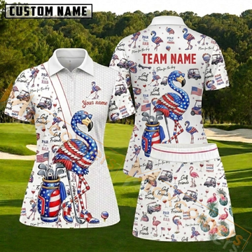 Maxcorners Red White and Blue American Flag Flamingo Golf Personalized Name 3D Golf Shirt and Skirt