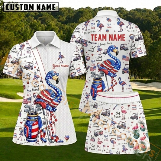 Maxcorners Red White and Blue American Flag Flamingo Golf Personalized Name 3D Golf Shirt and Skirt