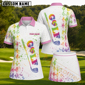 Maxcorners Multicolor Tie-Dye Golf Club Argyle Personalized Name 3D Golf Shirt and Skirt