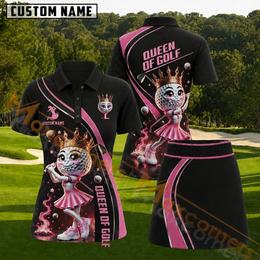 Maxcorners Black and Pink Queen of Golf Crowned Golf Ball Personalized Name 3D Golf Shirt and Skirt