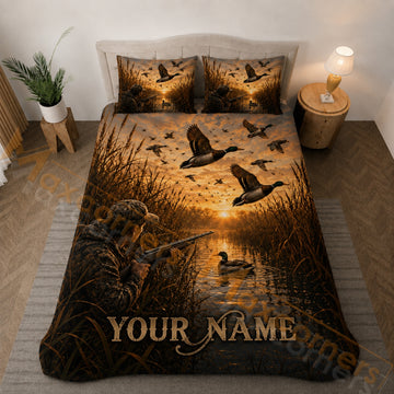 Maxcorners Mallard Duck Hunting Golden Wetland Bedding Set 3D Print Custom Name