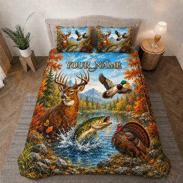 Maxcorners Colorful Autumn Hunting Wildlife Lake Bedding Set 3D Print Custom Name