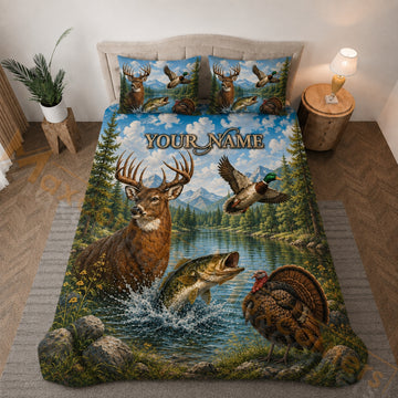 Maxcorners Blue Mountain Wildlife Hunting Lake Bedding Set 3D Print Custom Name