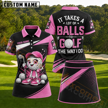 Maxcorners Black and Pink Cute Golf Ball Girl Personalized Name 3D Golf Shirt and Skirt