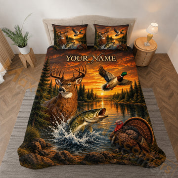 Maxcorners Wildlife Hunting Sunset Lake Bedding Set 3D Print Custom Name
