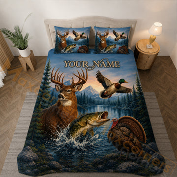 Maxcorners Wildlife Hunting Foggy Blue Pine Forest Bedding Set 3D Print Custom Name