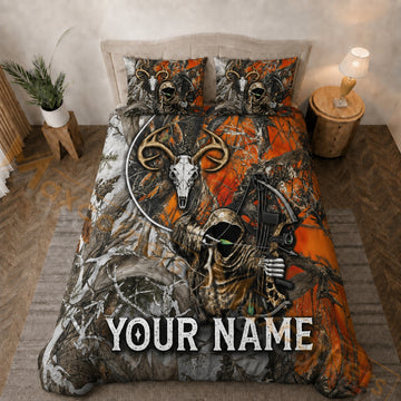 Maxcorners Personalized Bow Hunting Bedding Set Skeleton Archer Deer Skull Orange Camo Custom Name