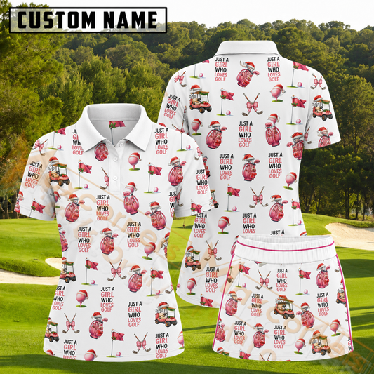 Maxcorners Red and Pink Christmas Girl Who Loves Golf Pattern 3D Golf Shirt and Skirt