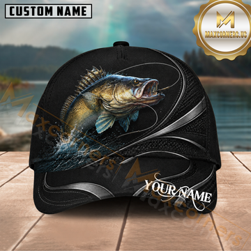 Maxcorners Fishing Largemouth Bass Black Carbon Fiber Silver Wave Customized Name 3D Cap