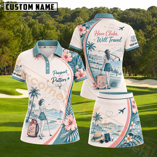 Maxcorners Cream Teal Tropical Beach Travel Golfer Girl Personalized Name 3D Golf Shirt and Skirt