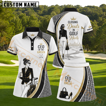 Maxcorners White Black Houndstooth CEO Of The Green Personalized Name 3D Golf Shirt and Skirt