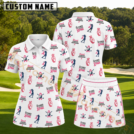 Maxcorners Pink Breast Cancer Awareness Golf Pattern 3D Golf Shirt and Skirt
