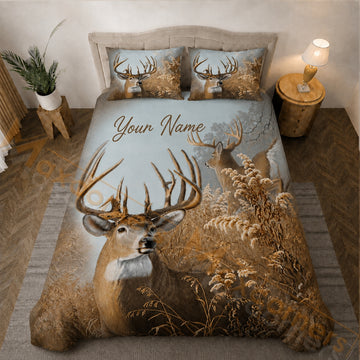 Maxcorners Whitetail Deer Golden Grass Light Blue Brown Bedding Set 3D Print Custom Name
