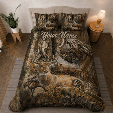 Maxcorners Wildlife Deer Turkey Antler Hunting Camo Brown Bedding Set 3D Print Custom Name