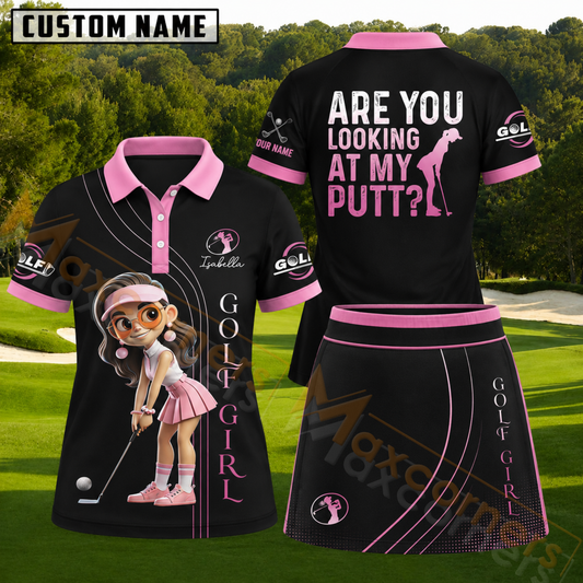 Maxcorners Black Pink Are You Looking At My Putt Personalized Name 3D Golf Shirt and Skirt