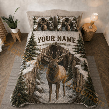 Maxcorners Snowy Forest Elk Winter Brown White Green Bedding Set 3D Print Custom Name
