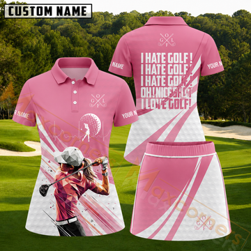 Maxcorners Pink White I Hate Golf I Love Golf Funny Quote Personalized Name 3D Golf Shirt and Skirt