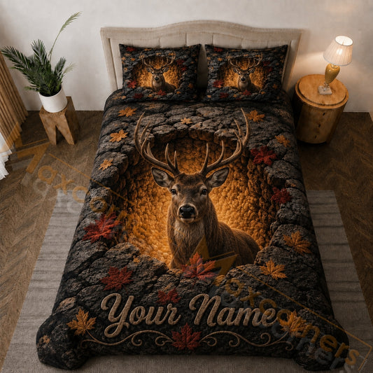 Maxcorners Wild Deer Autumn Forest Rocky Cave Dark Brown Bedding Set 3D Print Custom Name