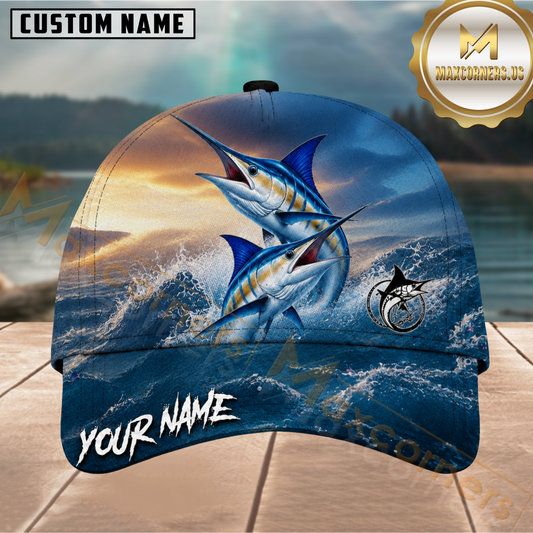 Maxcorners Fishing Dual Jumping Blue Marlin Ocean Blue Customized Name 3D Cap