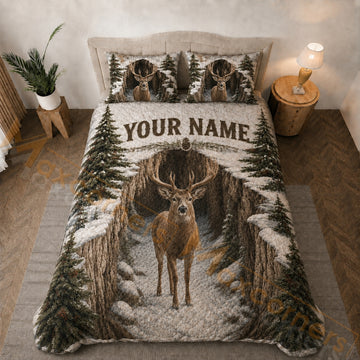 Maxcorners Snowy Forest Deer Winter Brown White Green Bedding Set 3D Print Custom Name