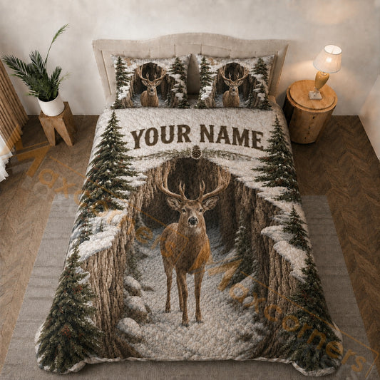 Maxcorners Snowy Forest Deer Winter Brown White Green Bedding Set 3D Print Custom Name