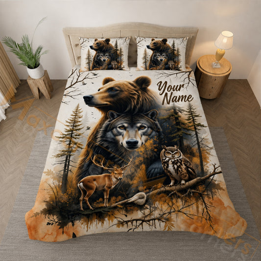 Maxcorners Wild Animals Hunting Watercolor Forest Bedding Set 3D Print Custom Name