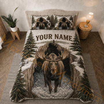 Maxcorners Snowy Forest Moose Winter Brown White Green Bedding Set 3D Print Custom Name