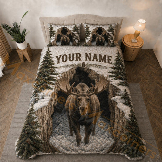 Maxcorners Snowy Forest Moose Winter Brown White Green Bedding Set 3D Print Custom Name