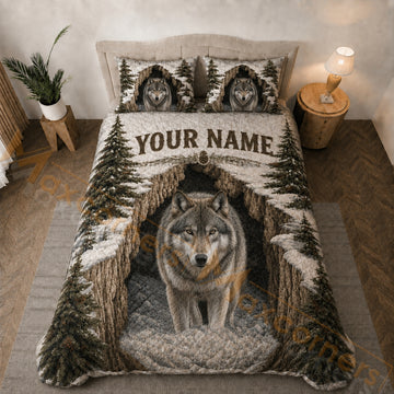 Maxcorners Snowy Forest Wolf Winter Brown White Green Bedding Set 3D Print Custom Name