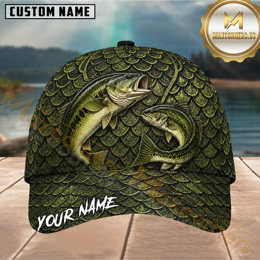 Maxcorners Fishing Dual Largemouth Bass Olive Green Customized Name 3D Cap