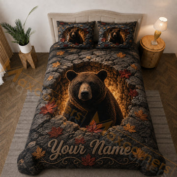 Maxcorners Wild Bear Autumn Forest Rocky Cave Dark Brown Bedding Set 3D Print Custom Name