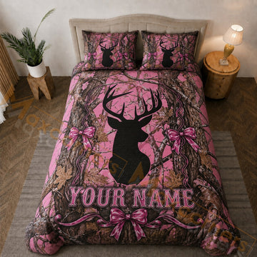 Maxcorners Pink Camo Deer Bow Hunting Brown Bedding Set 3D Print Custom Name