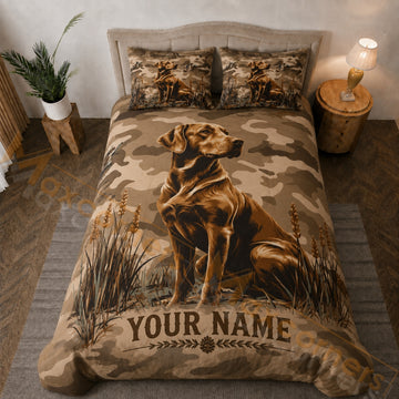 Maxcorners Camo Labrador Hunting Dog Brown Tan Bedding Set 3D Print Custom Name