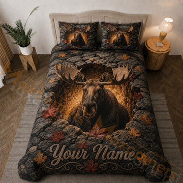 Maxcorners Wild Moose Autumn Forest Rocky Cave Dark Brown Bedding Set 3D Print Custom Name