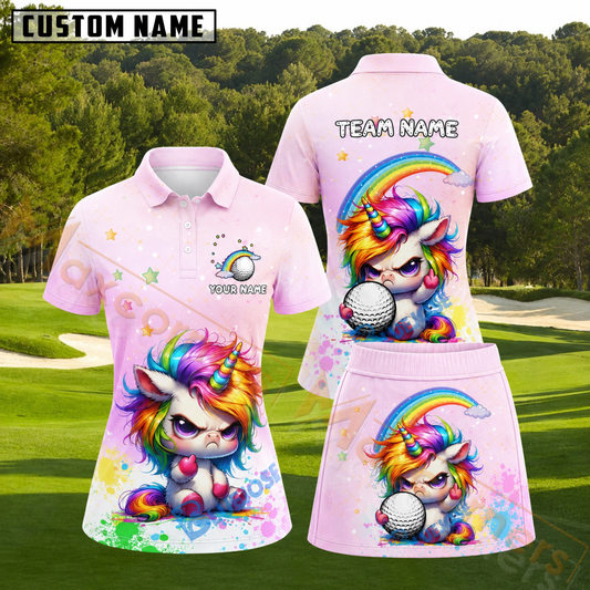 Maxcorners Pink Angry Rainbow Unicorn Personalized Name 3D Golf Shirt and Skirt