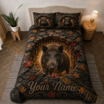 Maxcorners Wild Boar Autumn Forest Rocky Cave Dark Brown Bedding Set 3D Print Custom Name