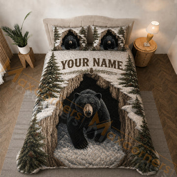 Maxcorners Snowy Forest Bear Winter Brown White Green Bedding Set 3D Print Custom Name