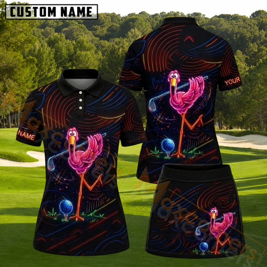 Maxcorners Neon Pink Flamingo Personalized Name 3D Golf Shirt and Skirt