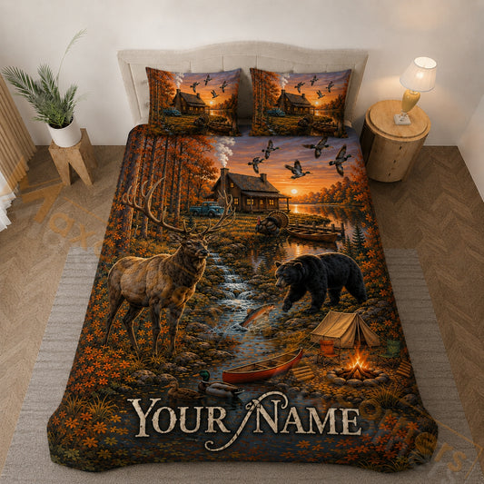 Maxcorners Cabin Wildlife Hunting Sunset Lake Camping Bedding Set 3D Print Custom Name