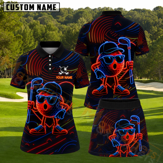 Maxcorners Retro Neon Glowing Golf Ball Personalized Name 3D Golf Shirt and Skirt