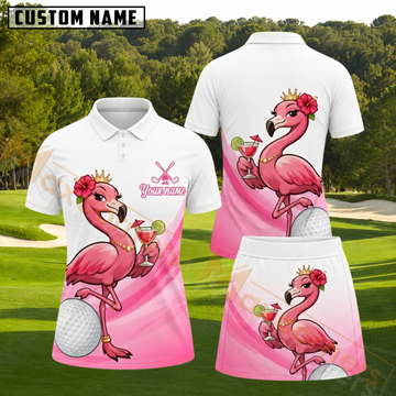 Maxcorners White Pink Fancy Flamingo Cocktail Personalized Name 3D Golf Shirt and Skirt