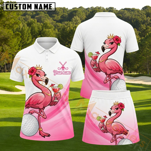 Maxcorners White Pink Fancy Flamingo Cocktail Personalized Name 3D Golf Shirt and Skirt