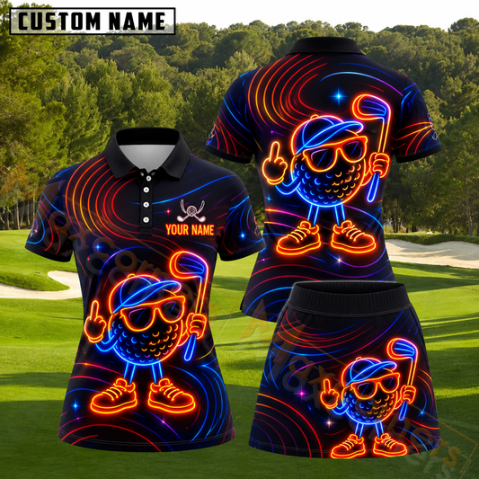 Maxcorners Neon Glowing Swirls Funny Golf Ball Personalized Name 3D Golf Shirt and Skirt