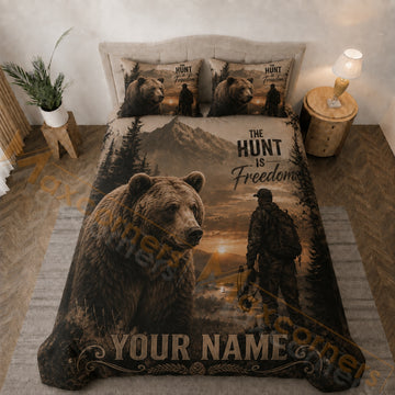 Maxcorners Bear Hunter Mountain Forest Brown Sunset Bedding Set 3D Print Custom Name