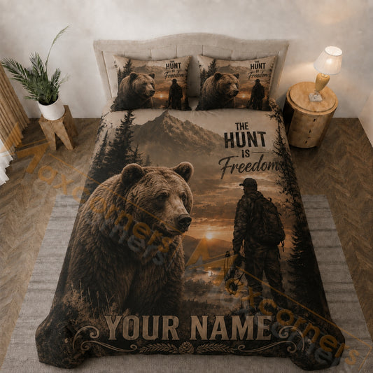 Maxcorners Bear Hunter Mountain Forest Brown Sunset Bedding Set 3D Print Custom Name