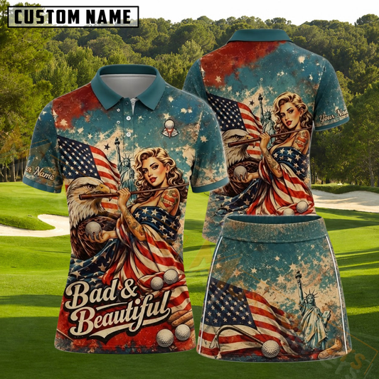 Maxcorners Vintage Patriotic Bad And Beautiful Personalized Name 3D Golf Shirt and Skirt