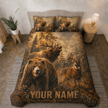 Maxcorners Wildlife Bear Elk Deer Forest Brown Gold Bedding Set 3D Print Custom Name